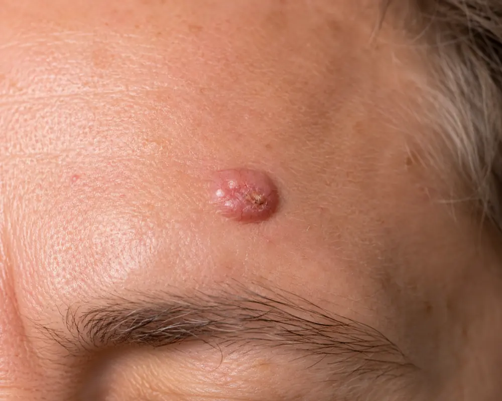 A basal cell carcinoma lesion on the skin of the face.