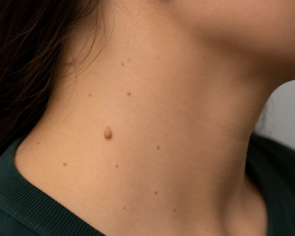 Small skin tags on the side of a person's neck.