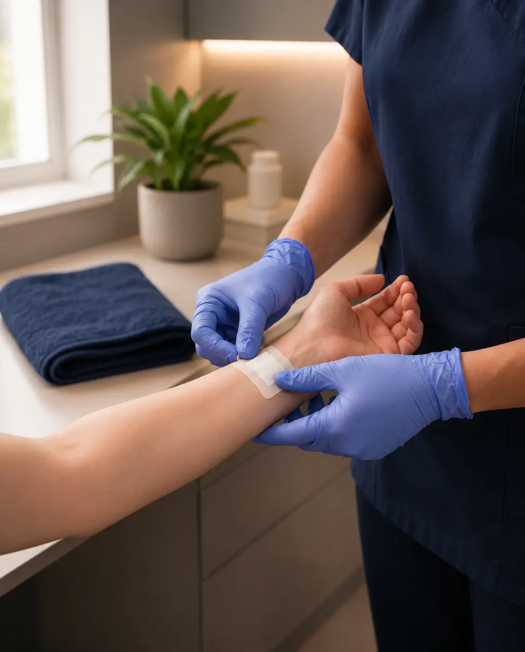 Nurse applying an aftercare dressing following a mole removal at Skin Surgeons Edinburgh
