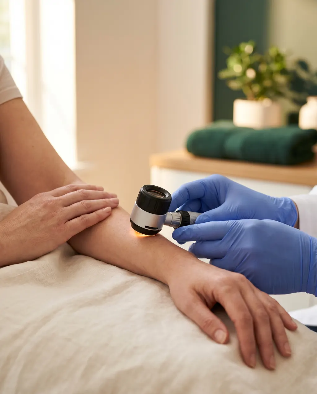 Consultant using a handheld dermatoscope to assess a mole on a forearm at Skin Surgeons Edinburgh