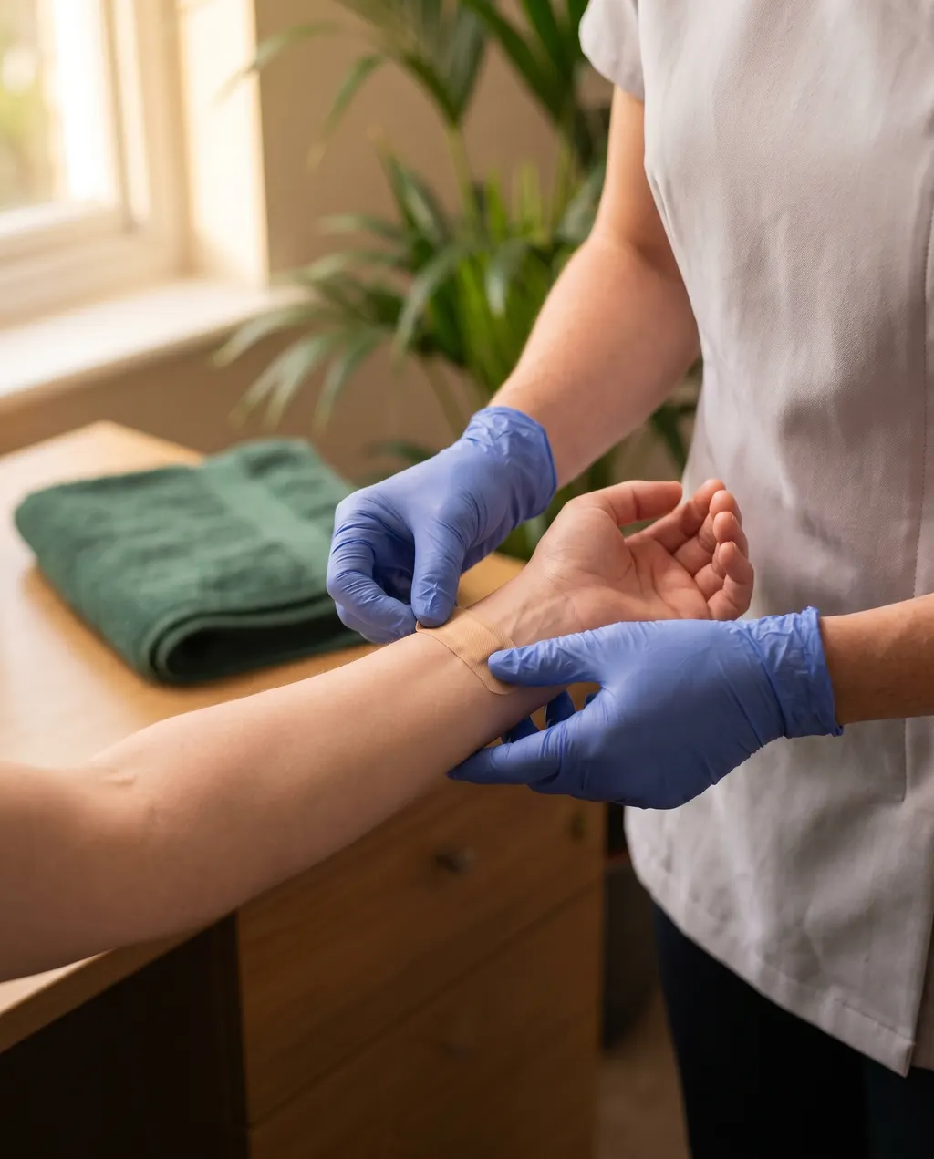 Consultant placing a small dressing on a forearm after a mole excision at Skin Surgeons Edinburgh