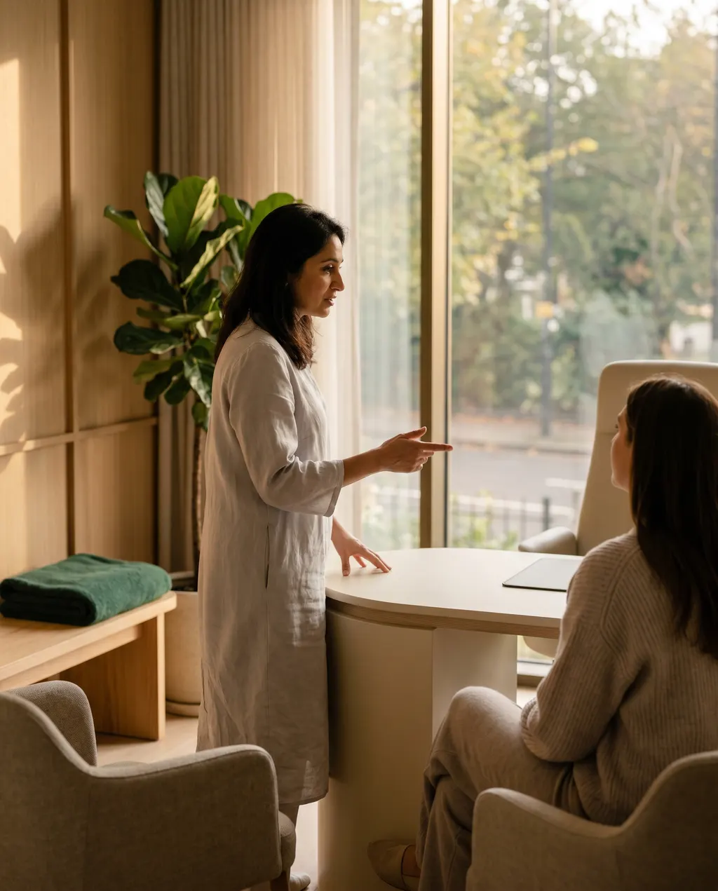 Consultant in conversation with a patient at a consulting-room desk at Skin Surgeons Edinburgh