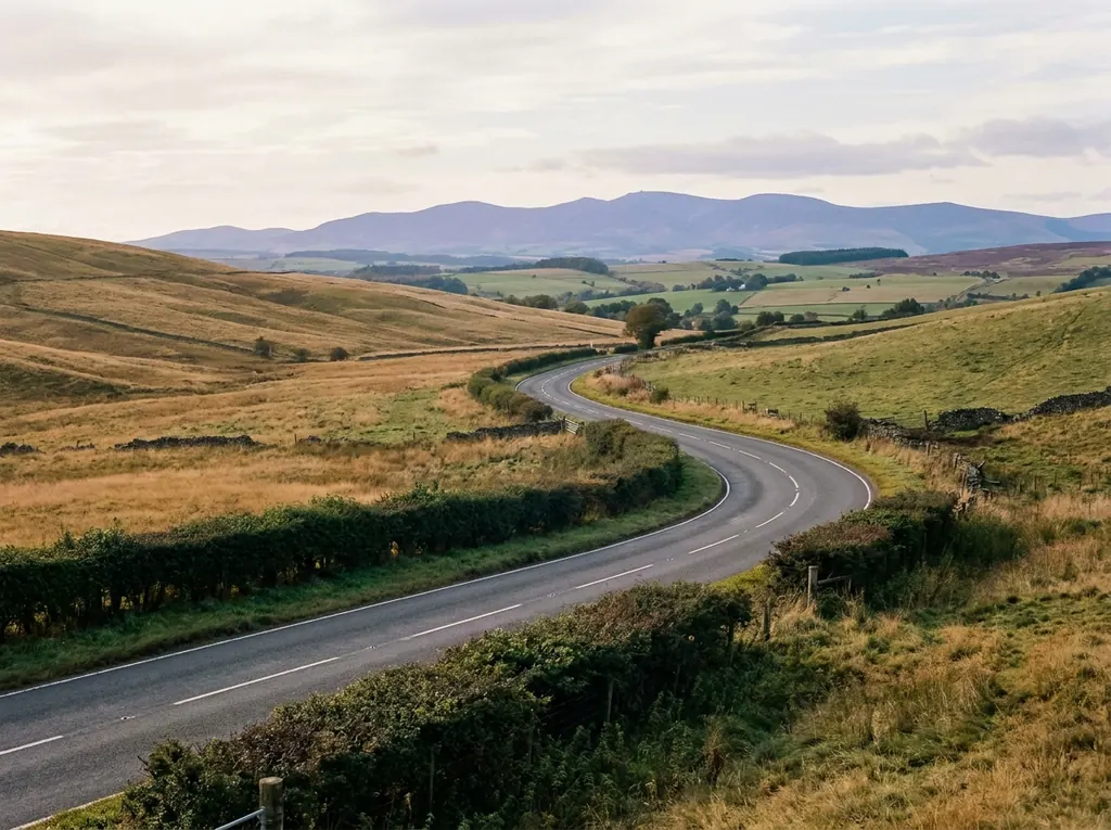 A68 winding through the Scottish Borders countryside heading toward Edinburgh.