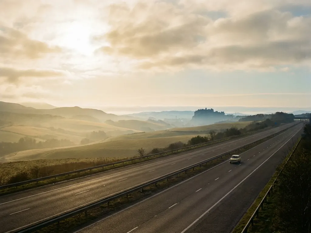 The M8 motorway from Glasgow toward Edinburgh in soft daylight.