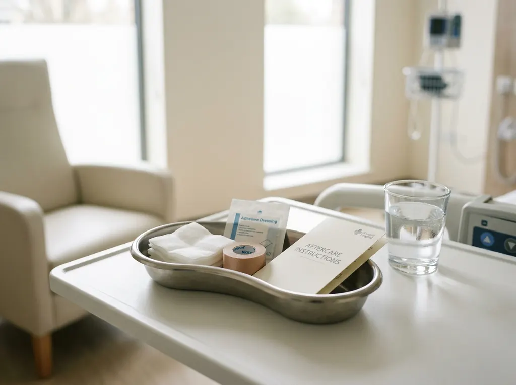 Stainless steel kidney-dish tray on a clean white clinical surface with sterile gauze, micropore tape, an adhesive dressing pack and a glass of water — a bright modern recovery room.
