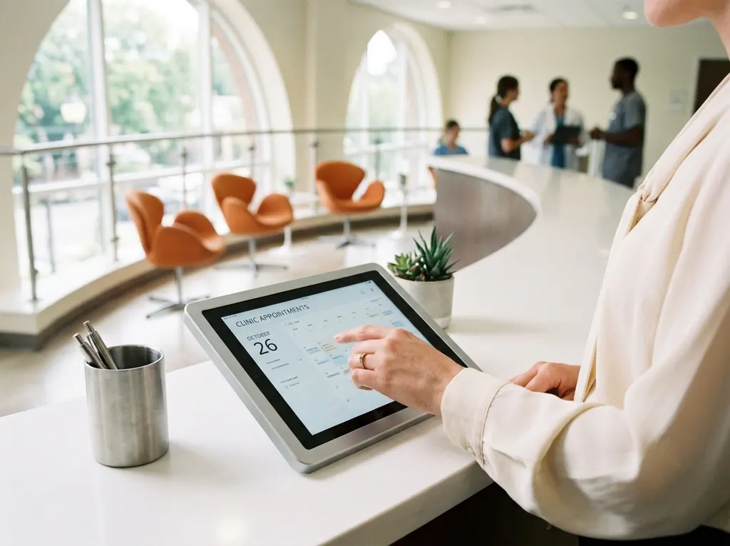 Hand of a clinic receptionist using a digital calendar tablet at a bright white reception desk, with the Waterfront upper-floor lounge softly out of focus behind.